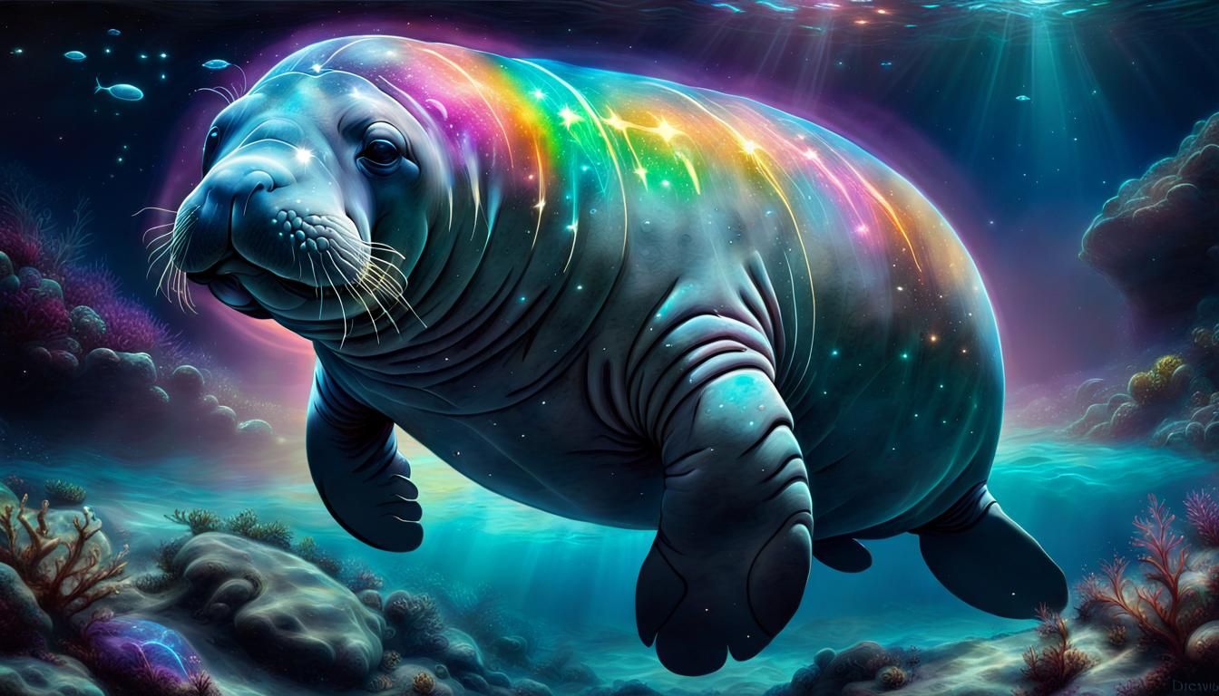 Bioluminescent Manatee in Iridescent Cosmic Ocean