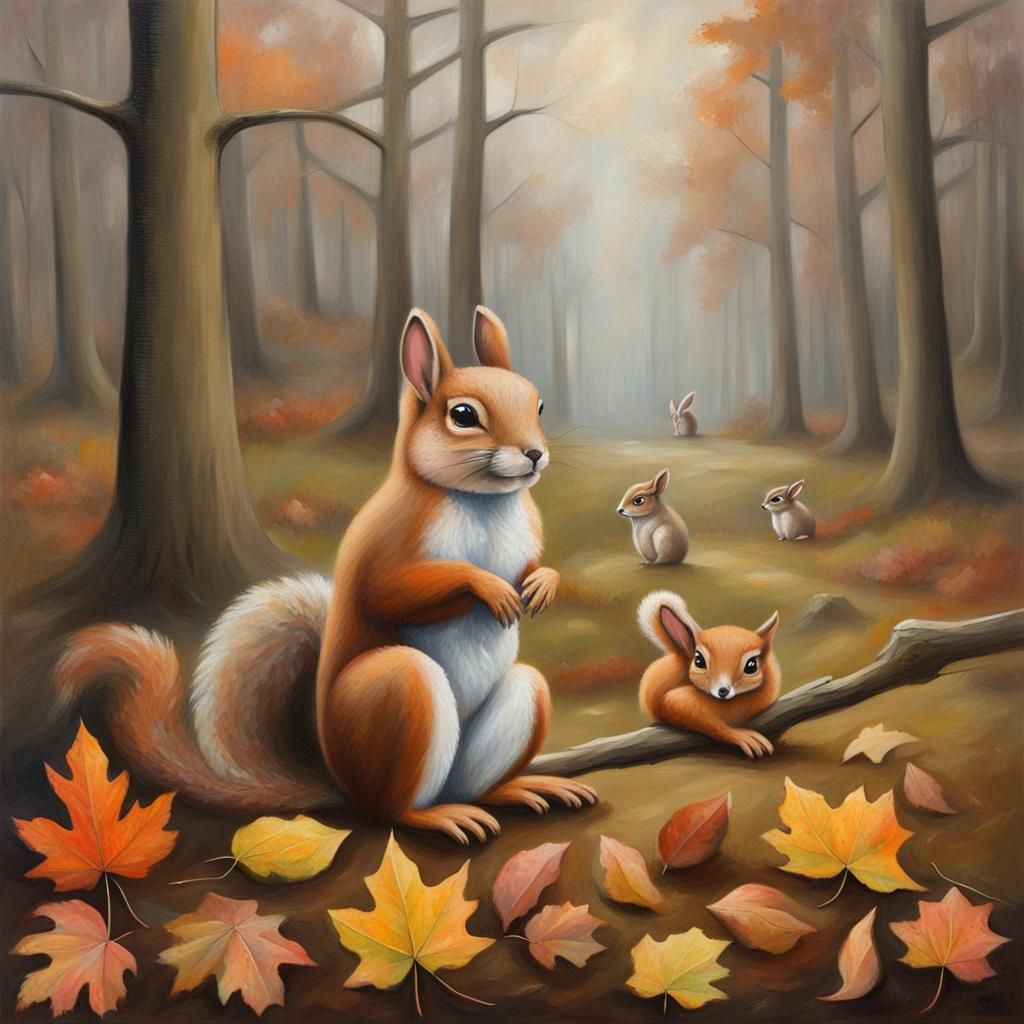 oil painting, woodland scene, fall leaves, partly cloudy, dr...