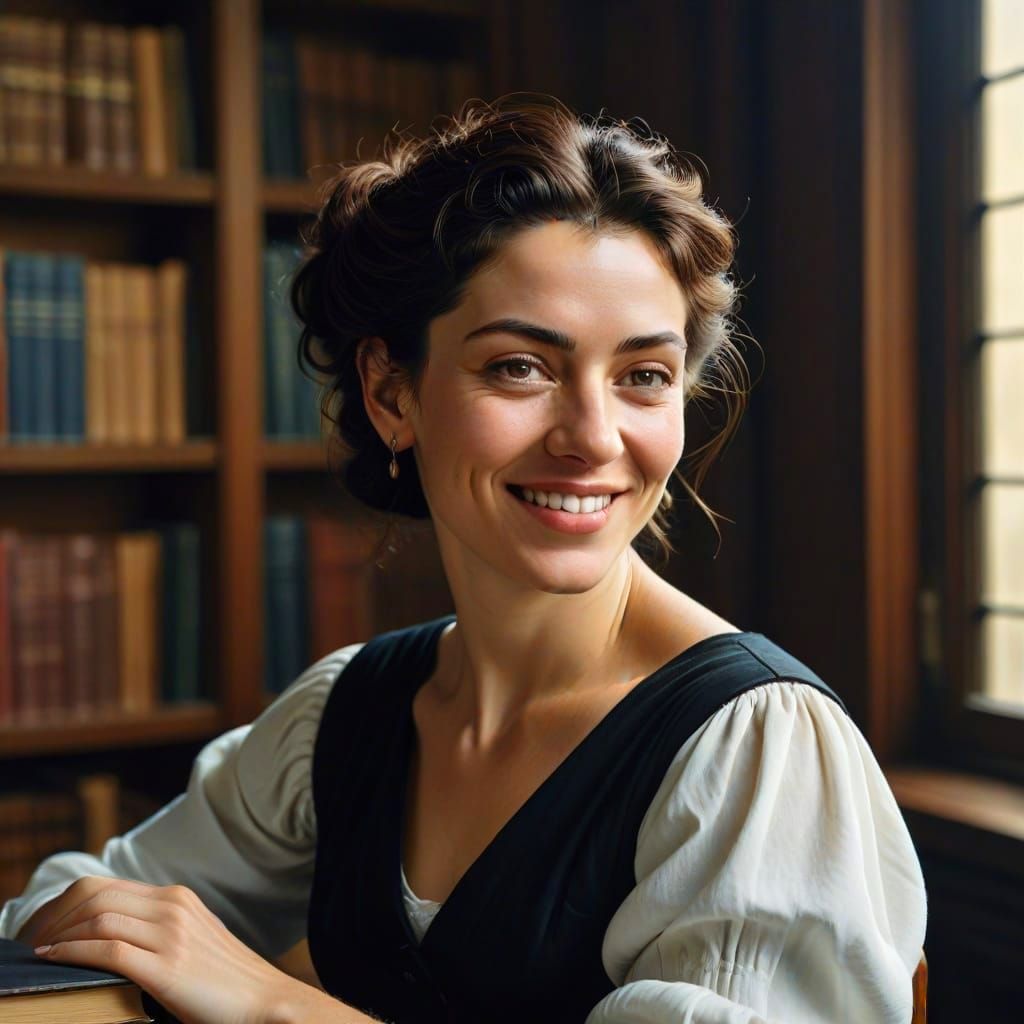 Intelligent Woman Succeeds in Library, Masterpiece Portrait