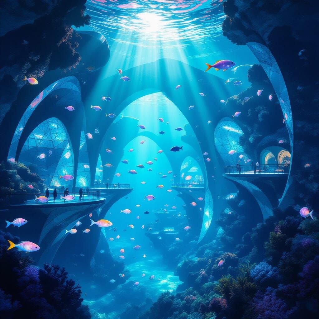 Bioluminescent Underwater City in Crystalline Coral