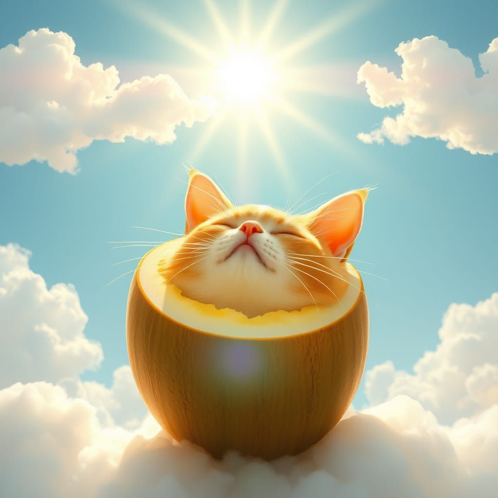 Ethereal Feline in Coconut-Melon Form Basks in Heavenly Ligh...
