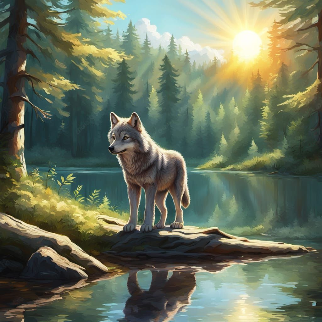 Wolf Cub Gazing at Sunrise Over Forest Lake