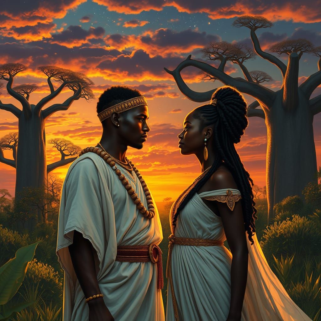 African Warrior Prince Gazes Adoringly at Majestic Young Que...