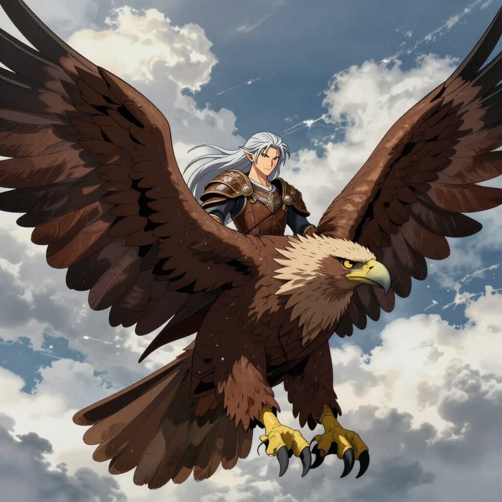 Elven Warrior Rides Giant Eagle in Anime Style