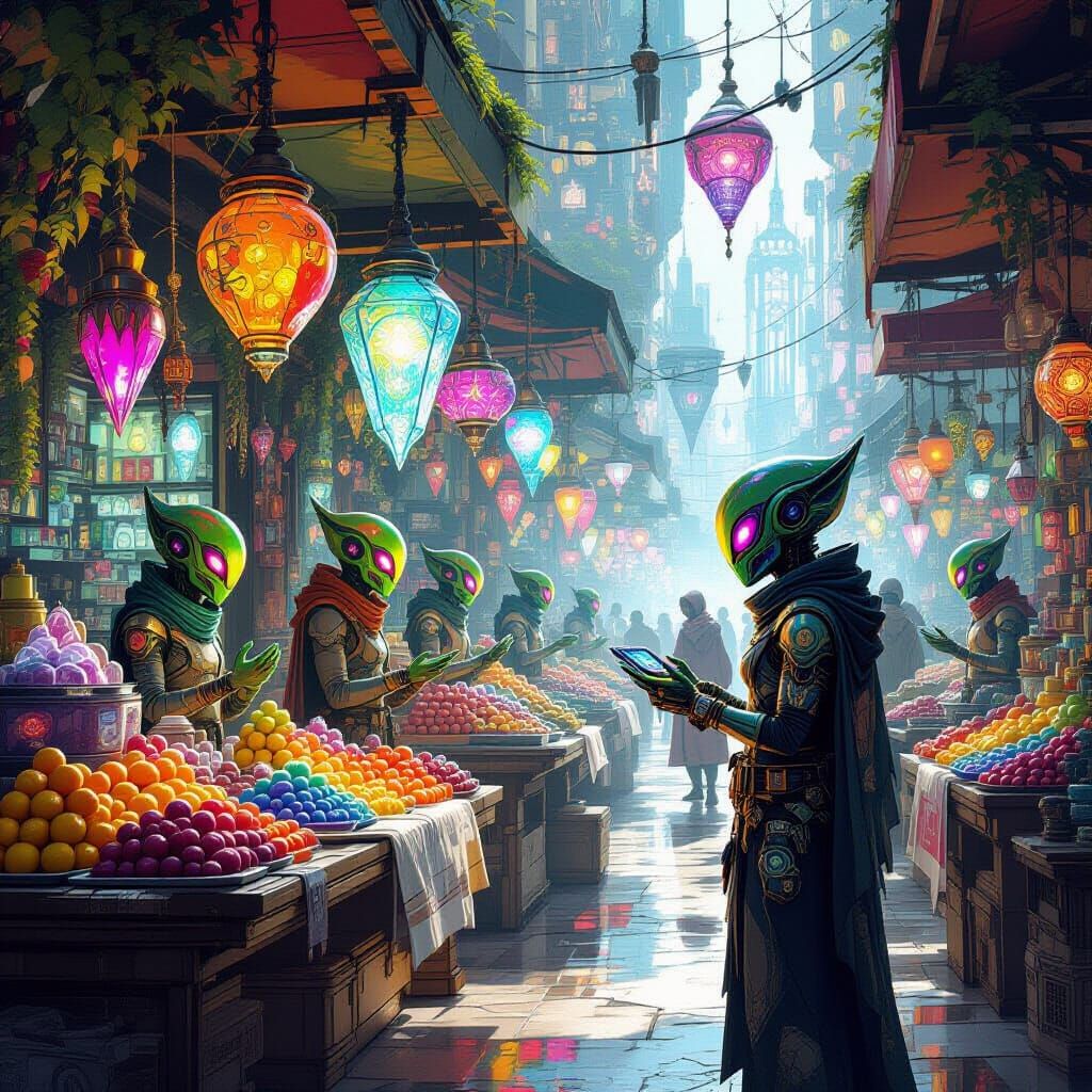 Vibrant Alien Market with Exotic Goods as Digital Art