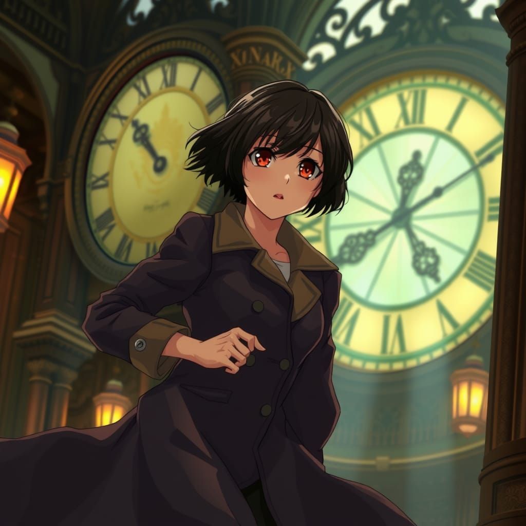 Anime Woman Runs in Clock Tower, Shinkai Style