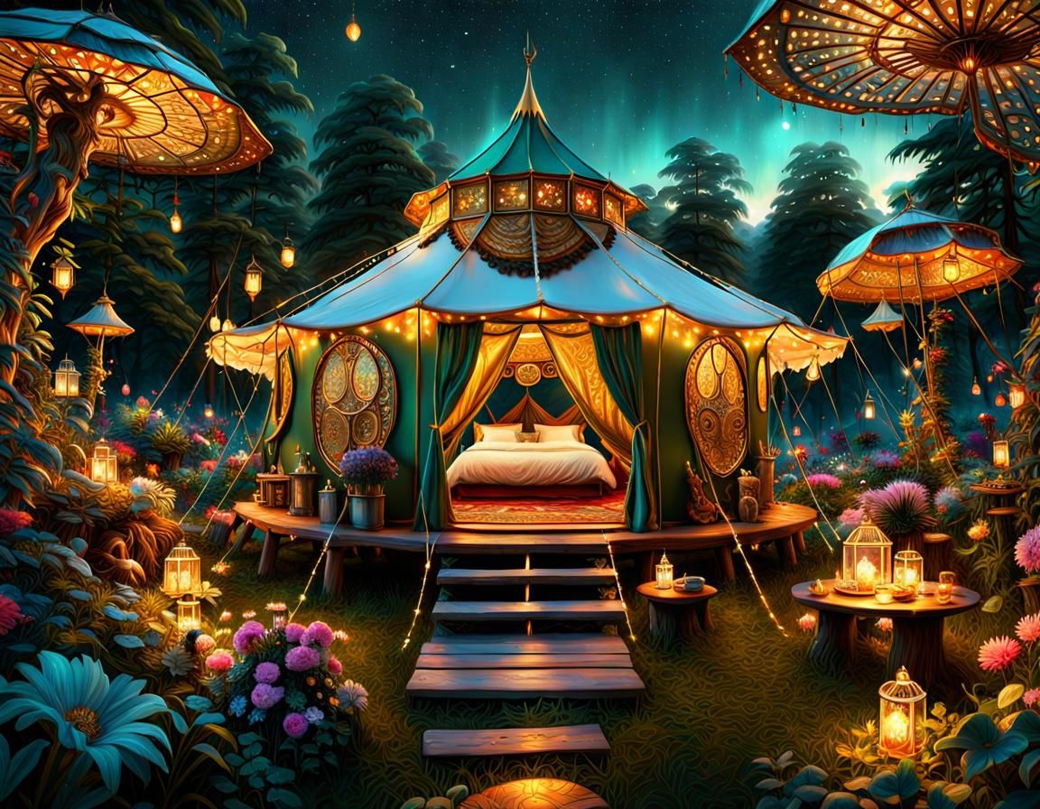 Enchanted Fairy Glamping Scene in Maximalist Style