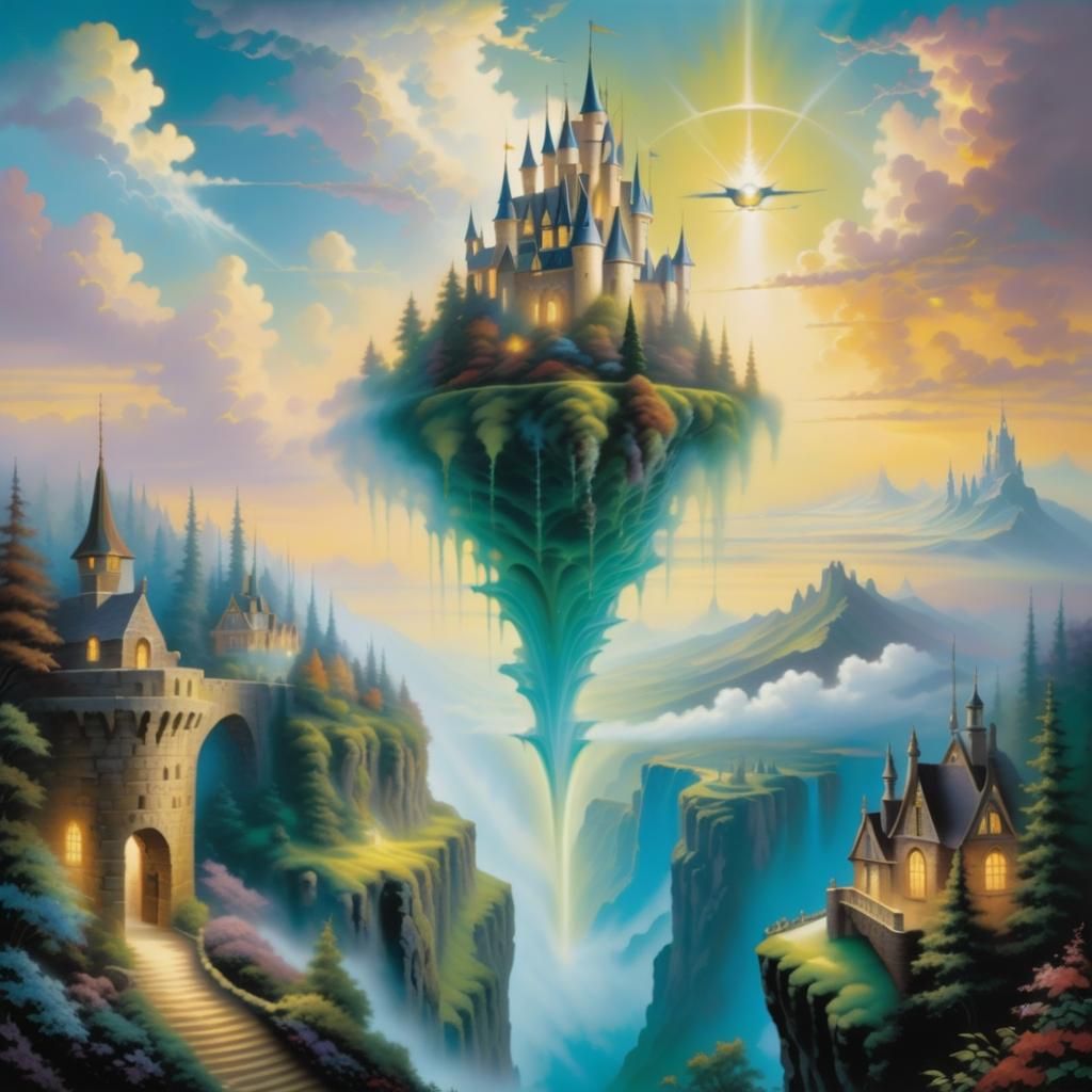 Flying Castle: Surreal Oil Painting with Ethereal Mist