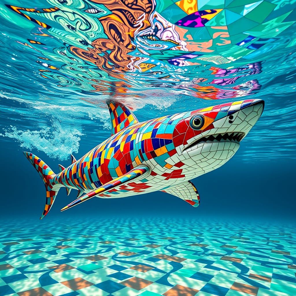 Ceramic Tile Shark Swimming in Shimmering Pool