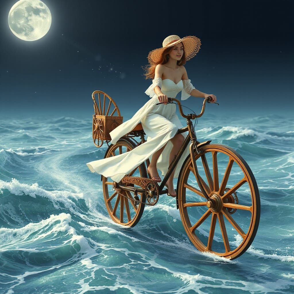 Woman Rides Whimsical Bicycle Across Serene Moonlit Ocean