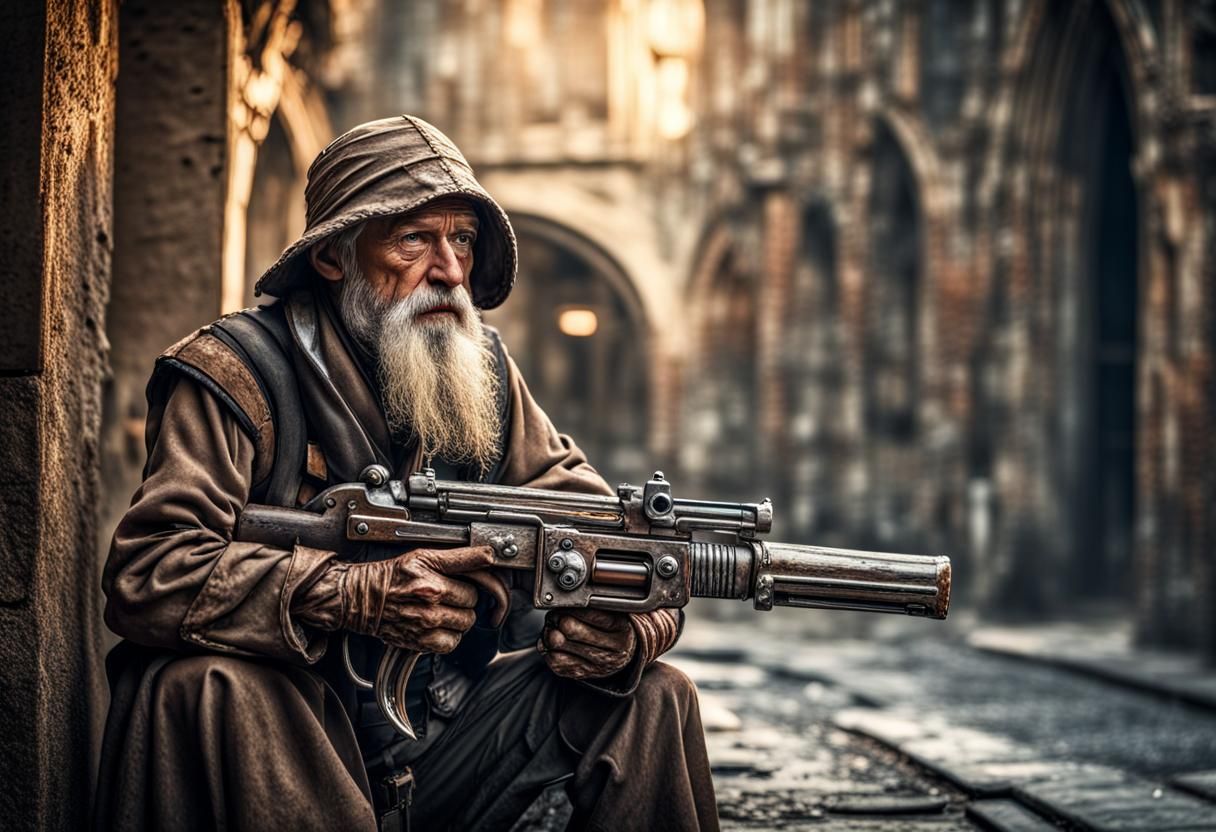 Medieval Beggar with Futuristic Weapon