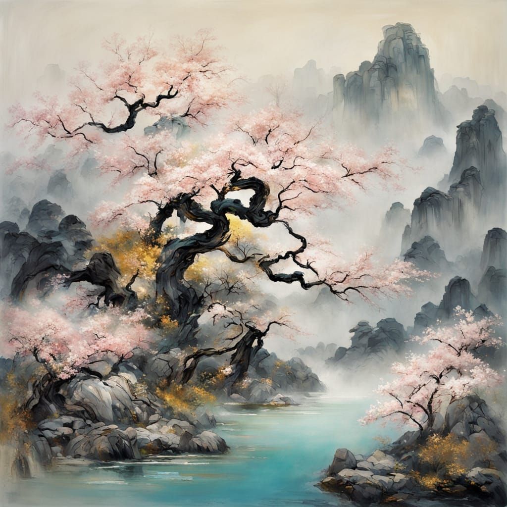 Surreal Sakura Scene in Impasto Oil Smears Style