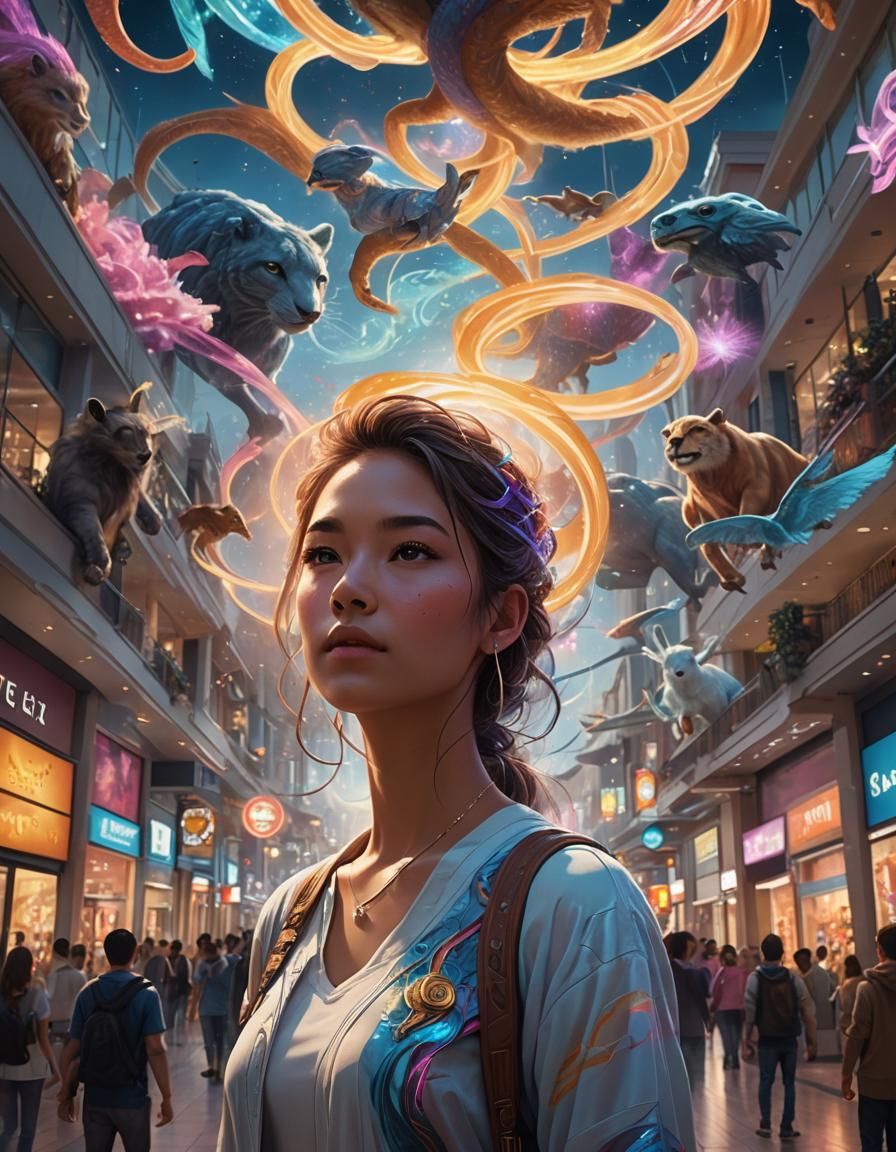 Surreal Digital Portrait of Ethereal Being in Vibrant Mall