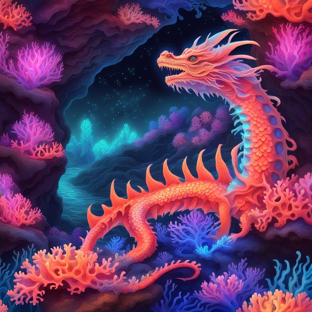 Coral Dragon in Bioluminescent Underwater World