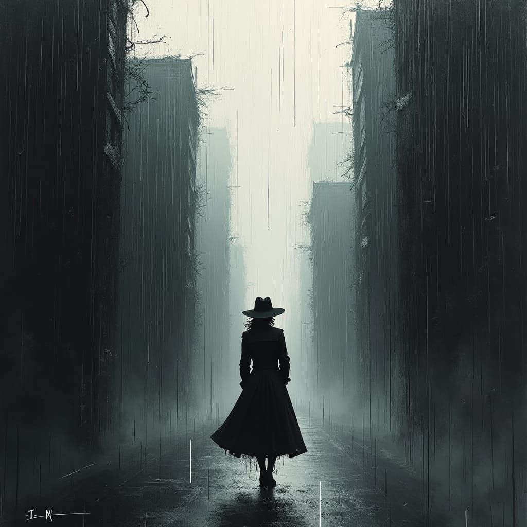 Noir Woman in Rain-Soaked Cityscape