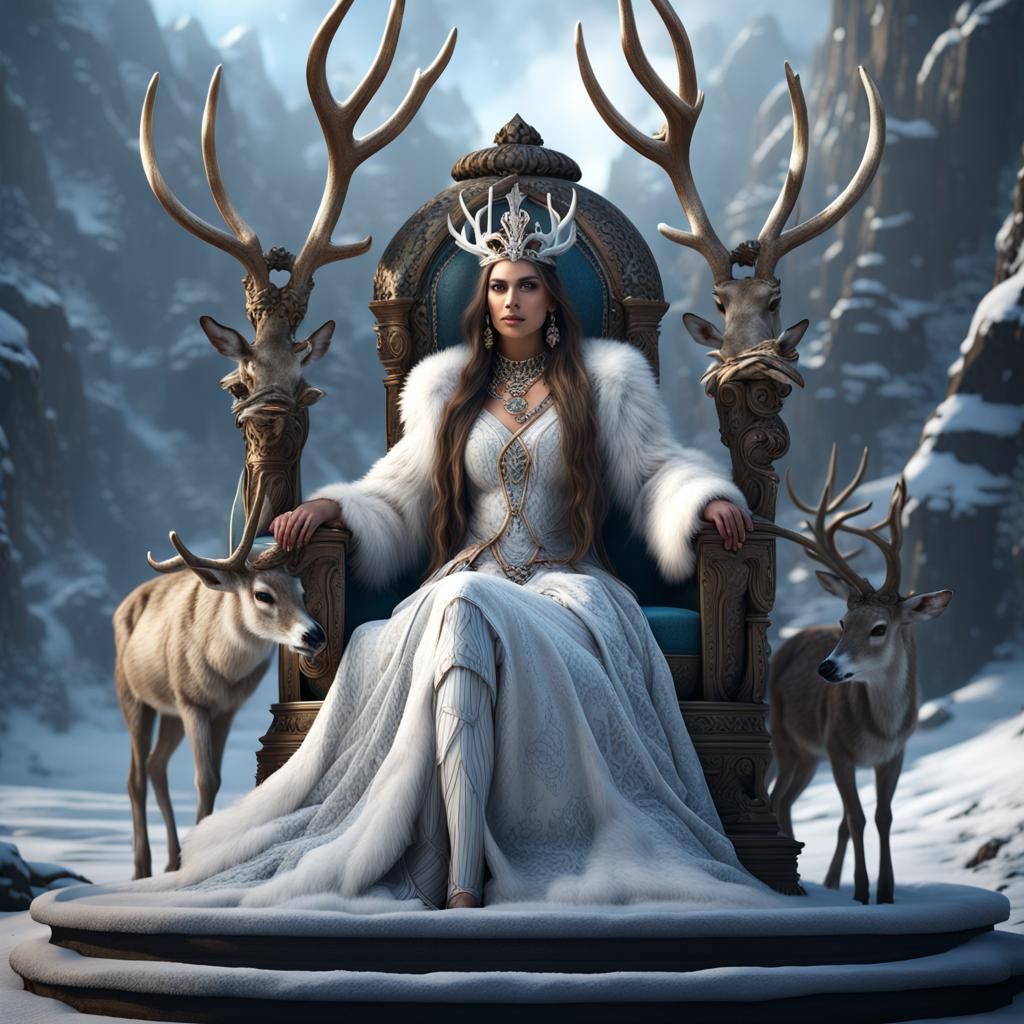 Amerindian Queen on Globe Throne with Reindeer