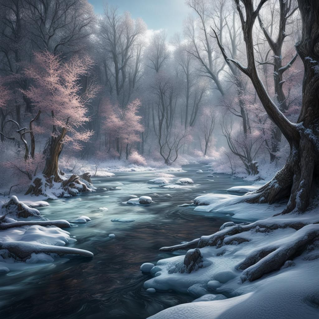 Frozen Creek in Winter Forest, Detailed Matte Painting