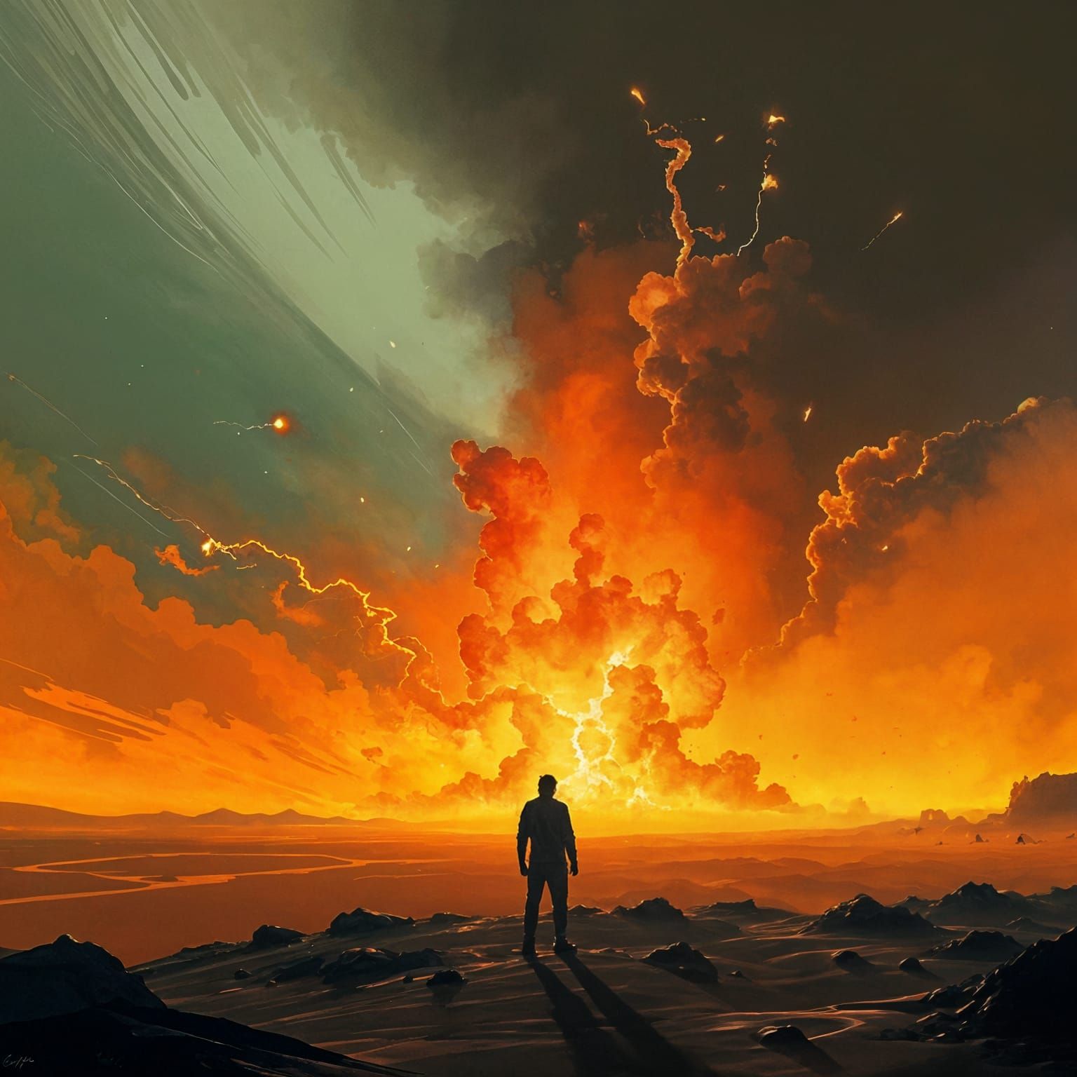 Apocalyptic Figure Gazing at Distant Fireball