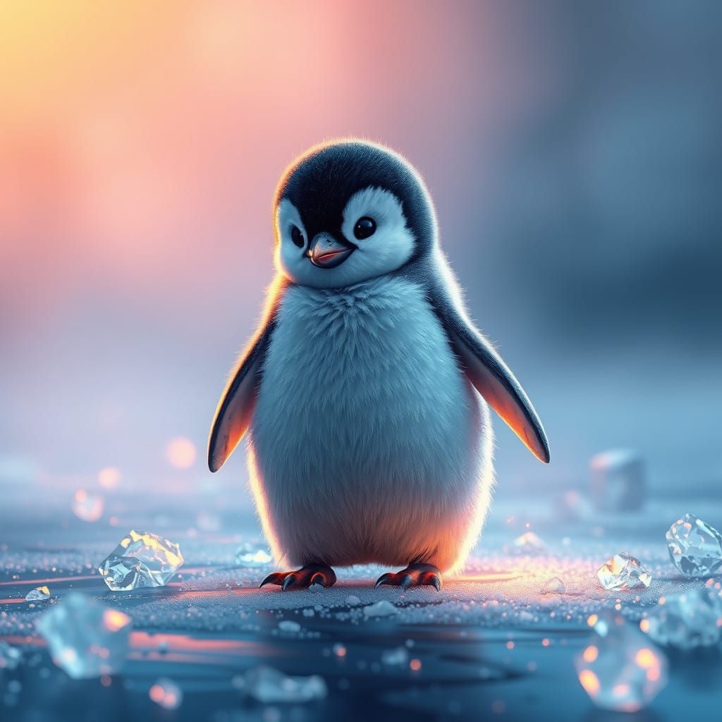 Charming Baby Penguin in Dreamlike Icy Landscape