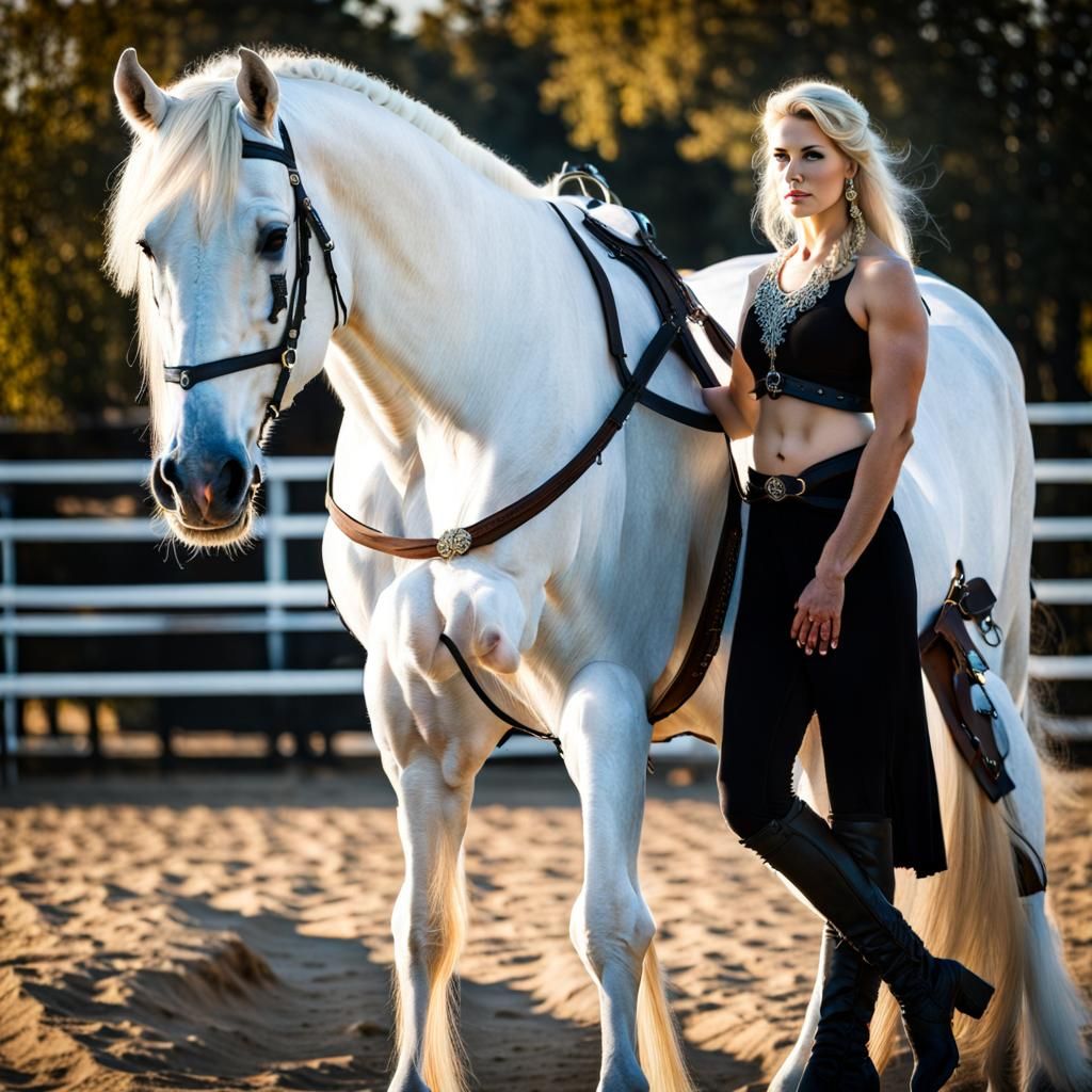 Beautiful majestic white Percheron stallion standing alongsi...