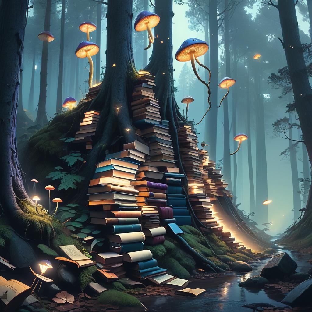 Enchanted Forest Cascade of Books in Matte Painting Style