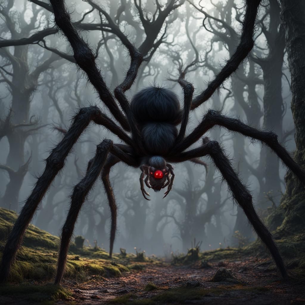 Fantasy Black Spider in Dark Forest