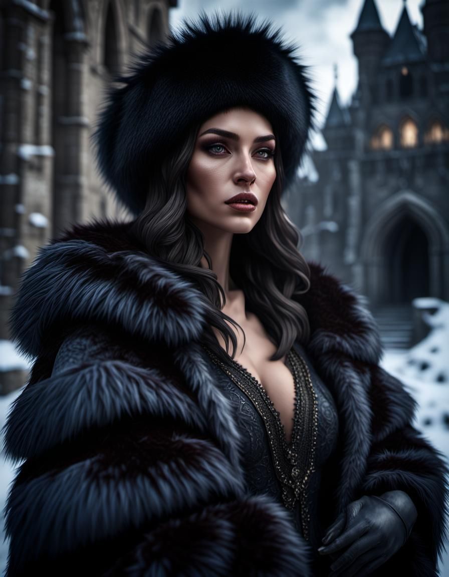 Anime-Style Russian Queen in Snowy Gothic Castle