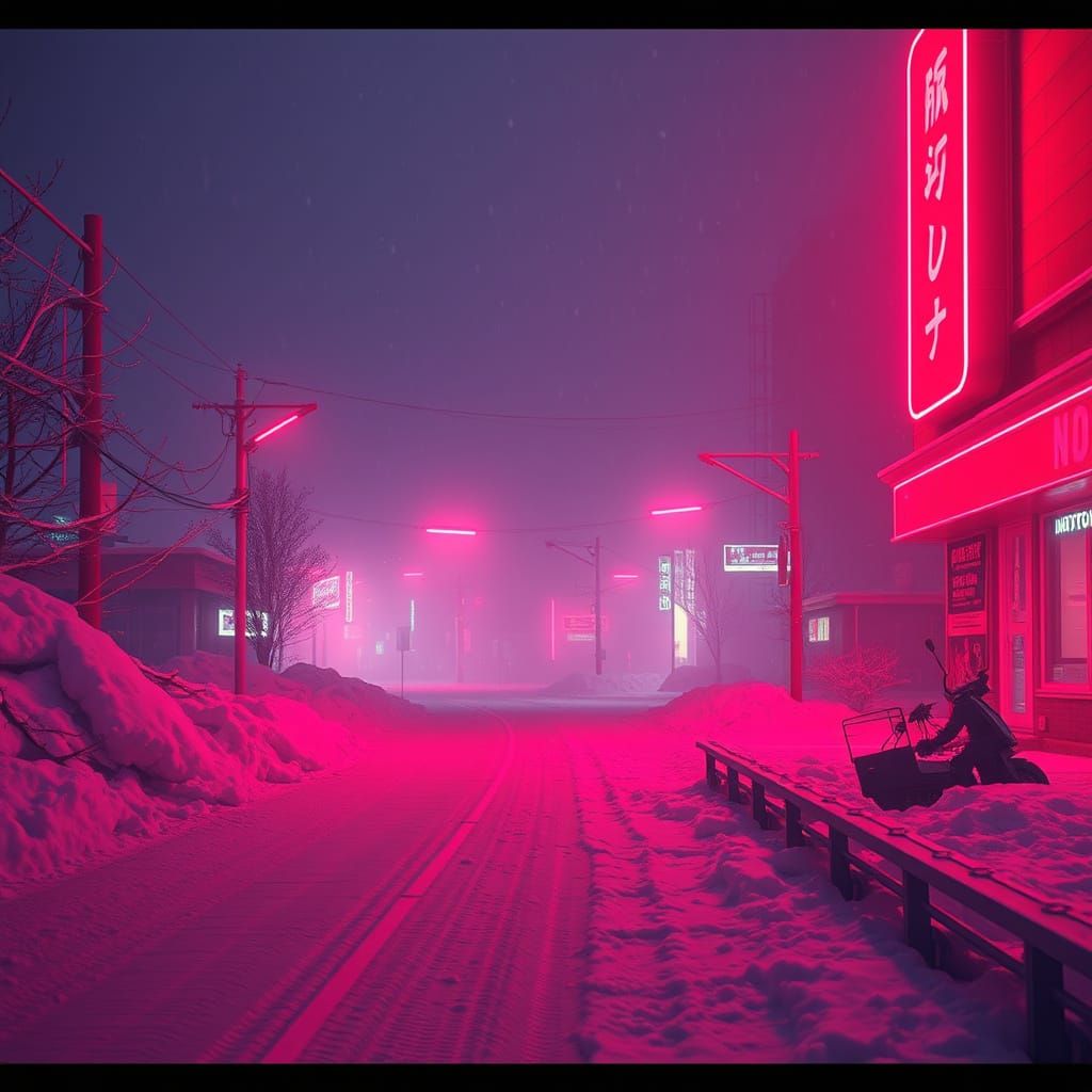 Snowy Night with Red Neon Lights in Cyberpunk Style
