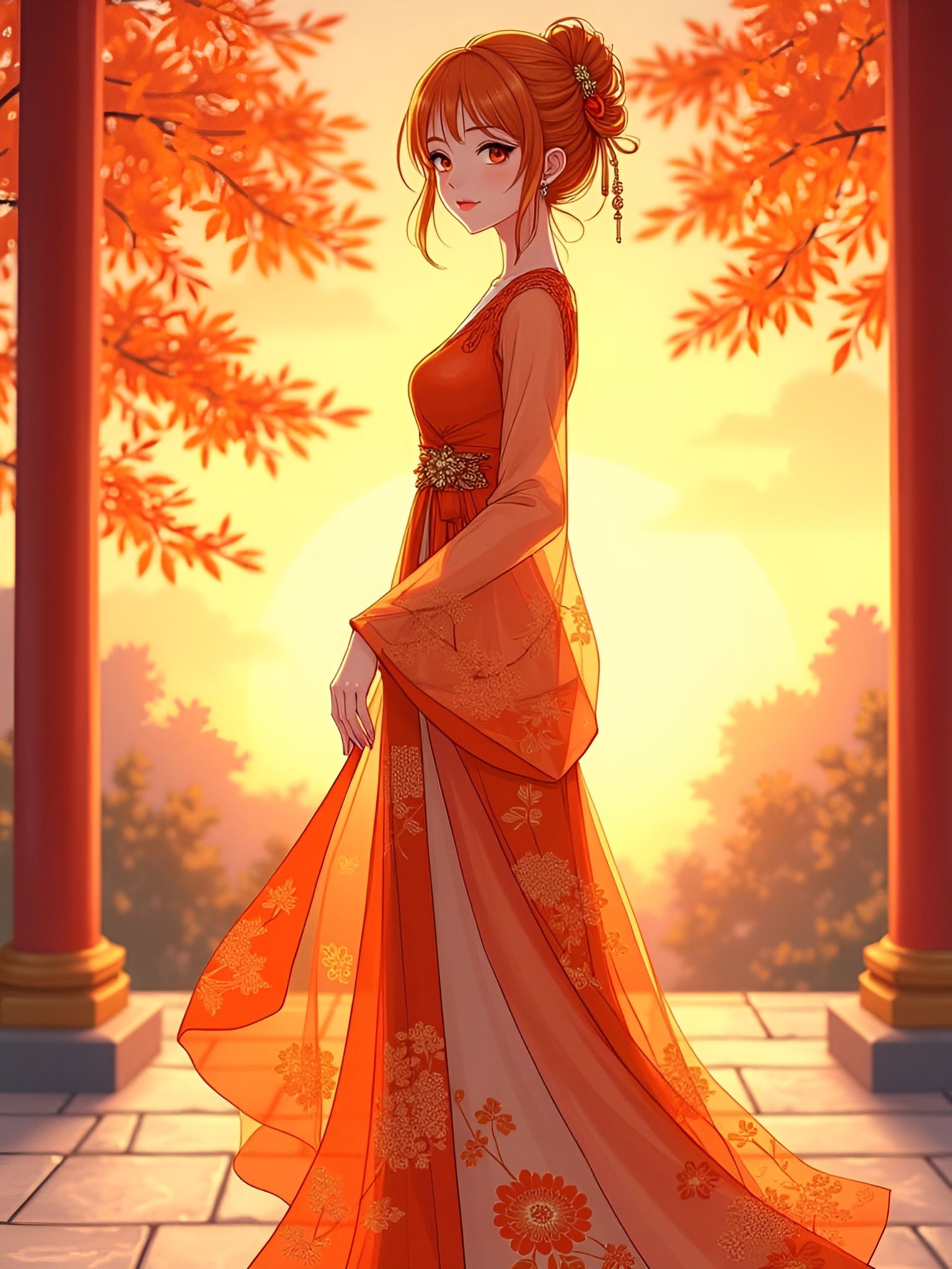 Elegant Anime Woman in Orange Dress, Watercolor Style