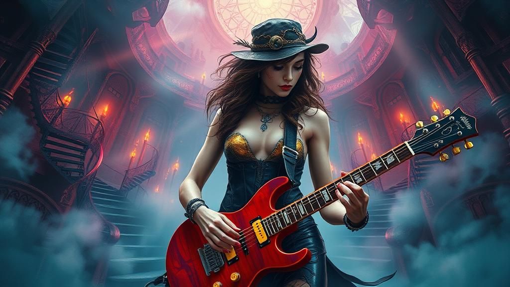 Gothic Rock Woman's Electric Guitar Solo in Fantasy Realm