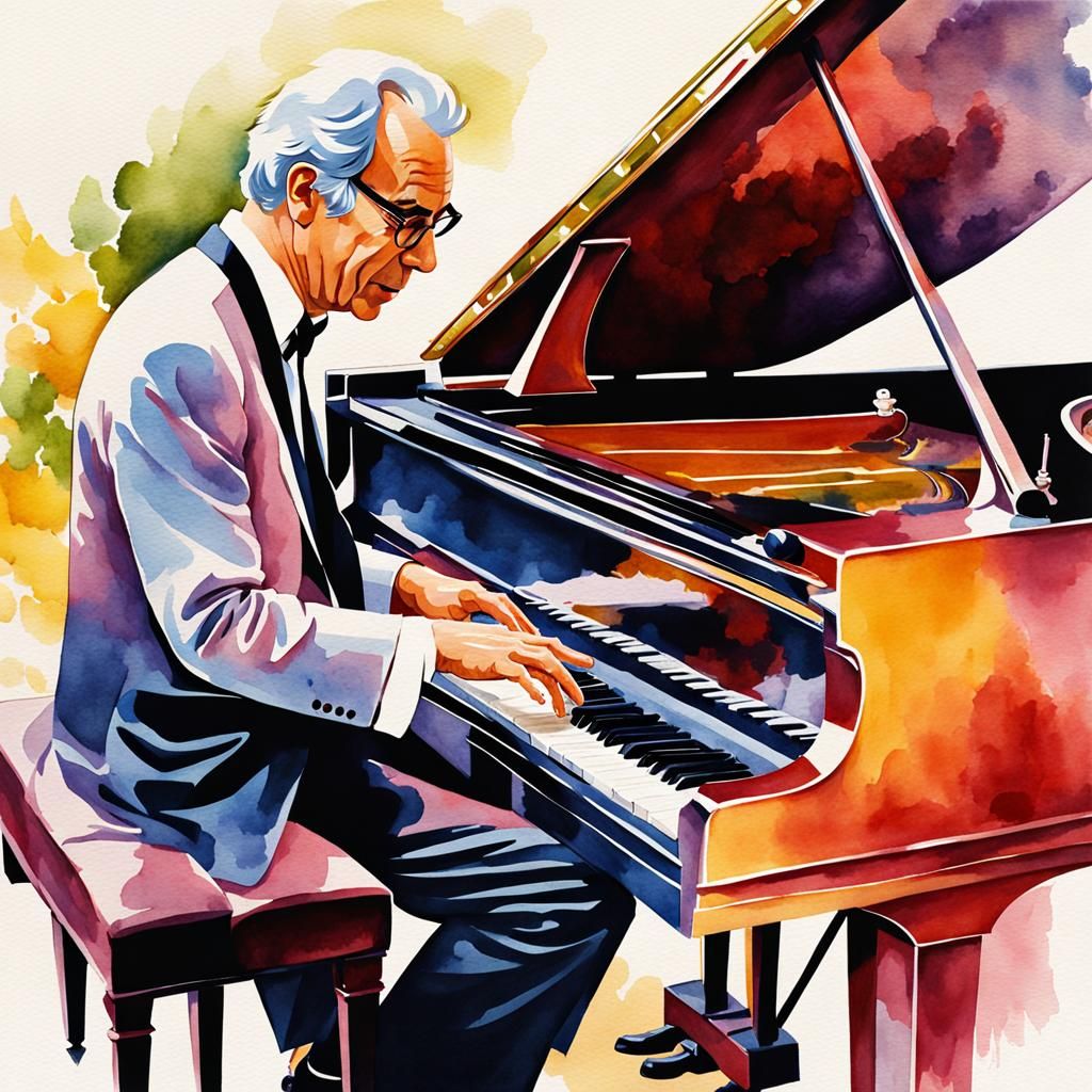Dave Brubeck Piano Portrait in Digital Watercolor