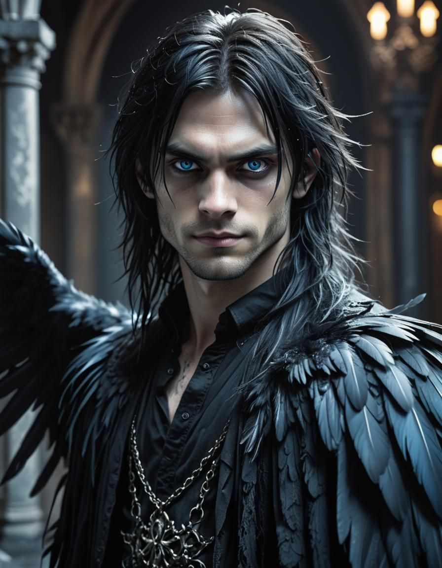 Gothic Man with Black Wings in Dark Romanticism Style