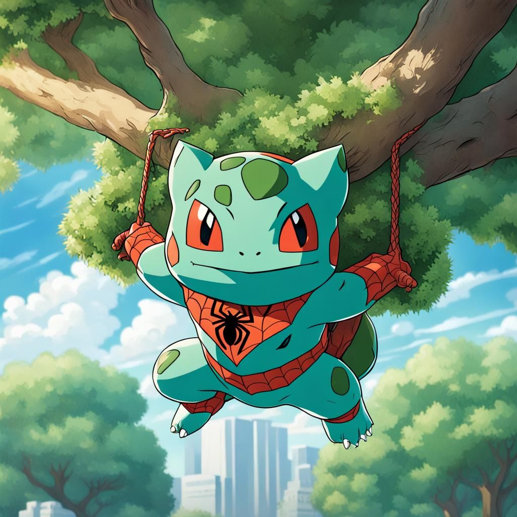 Bulbasaur as Spiderman in Ghibli Anime Style