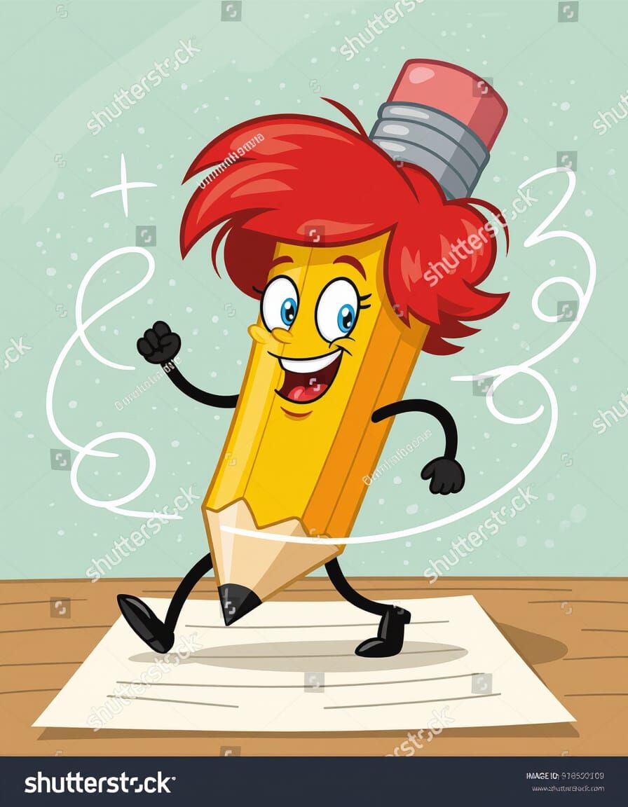 Dancing Pencil with Red Hair and Funny Face