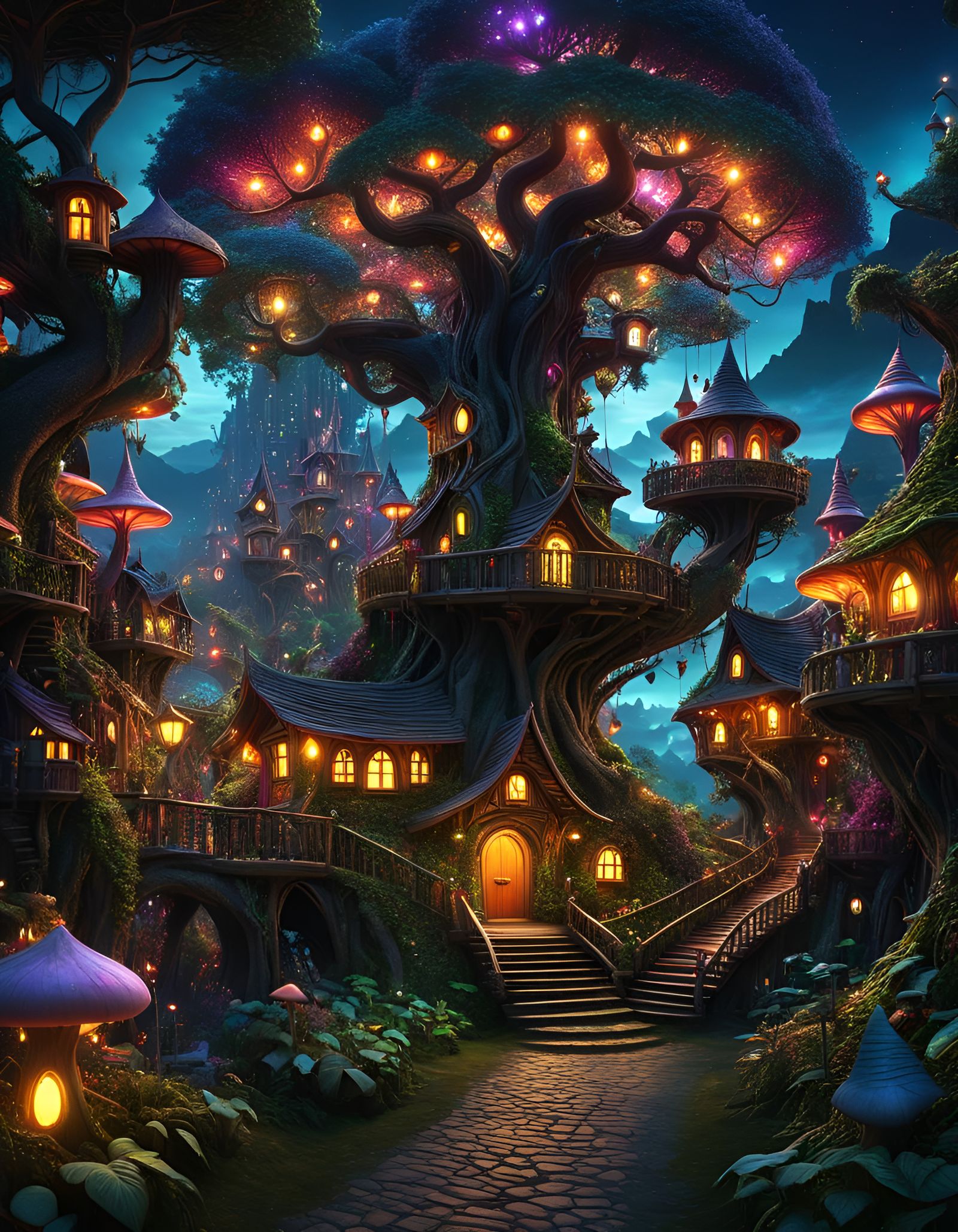 Enchanted Goblincore Tree Village in Fantasy Wonderland
