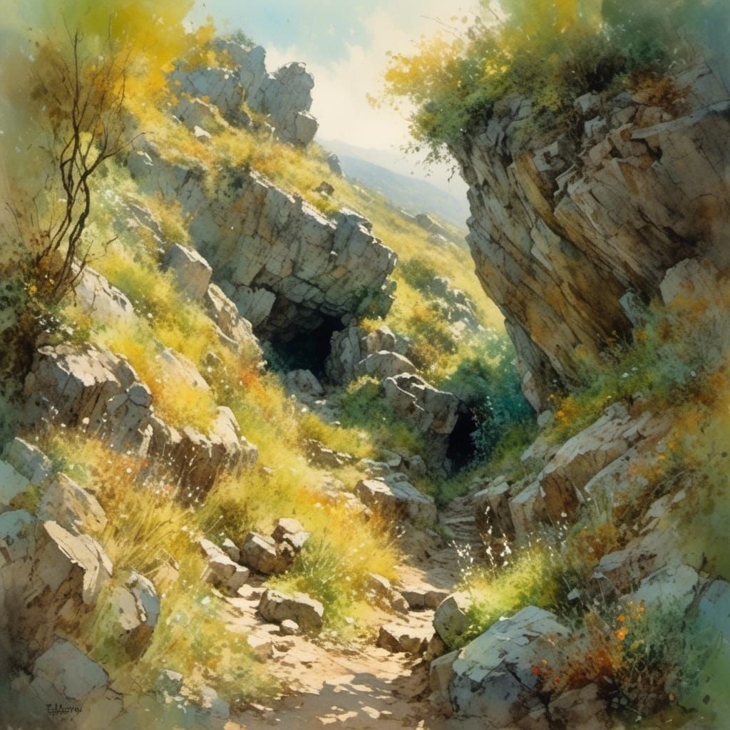 Winding Path to a Hidden Cave in Mountain Landscape