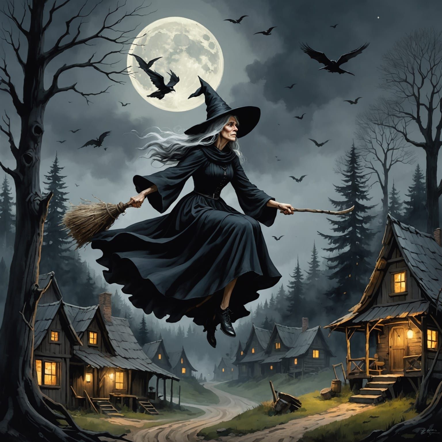Witch Flying Over Village in Magic Realism Style