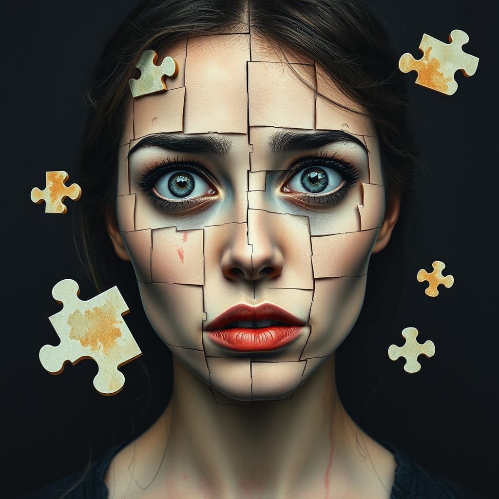 Disintegrating Puzzle Woman in Hyper-Realistic HDR Style