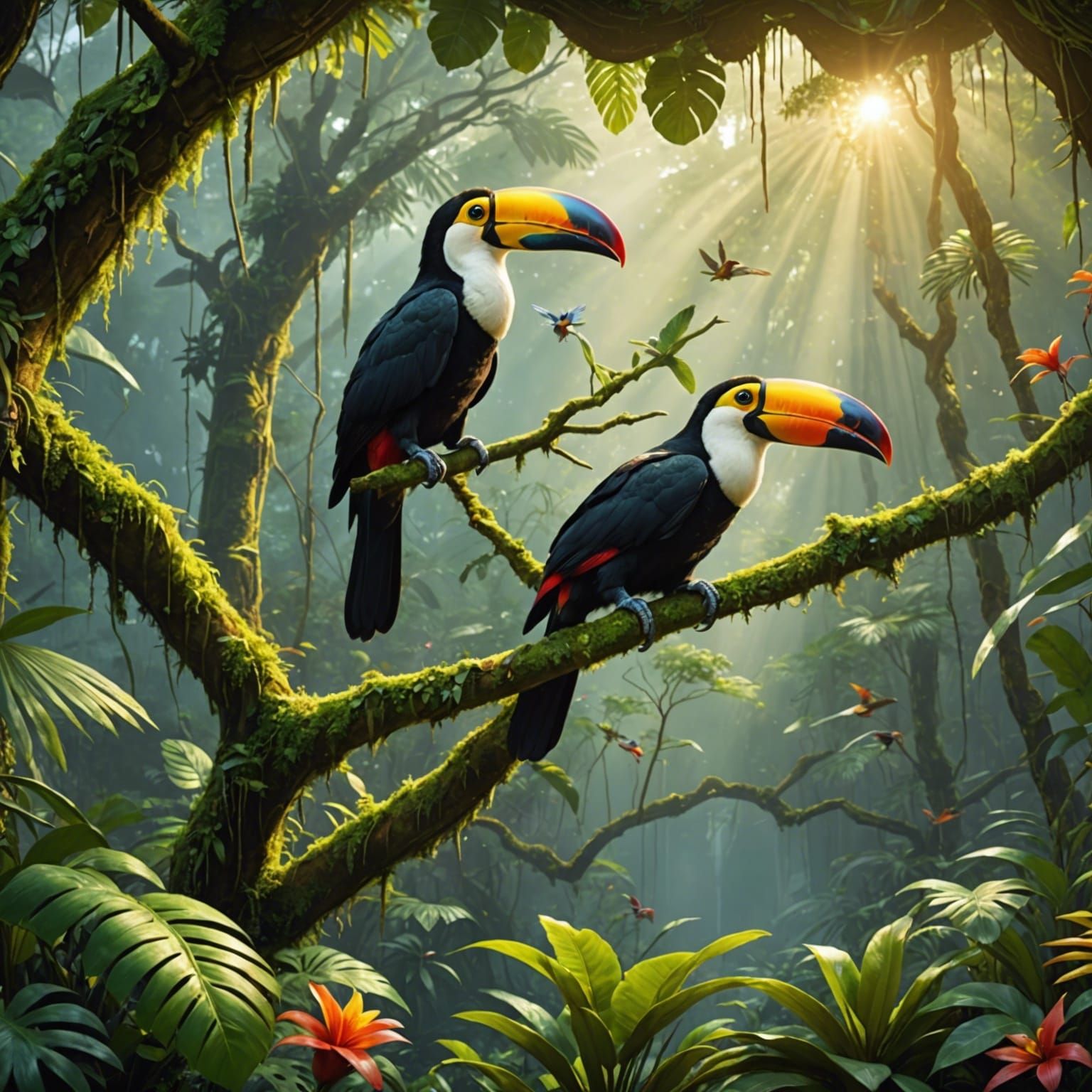 Amazon Rainforest Canopy: Toucans and Early Morning Light