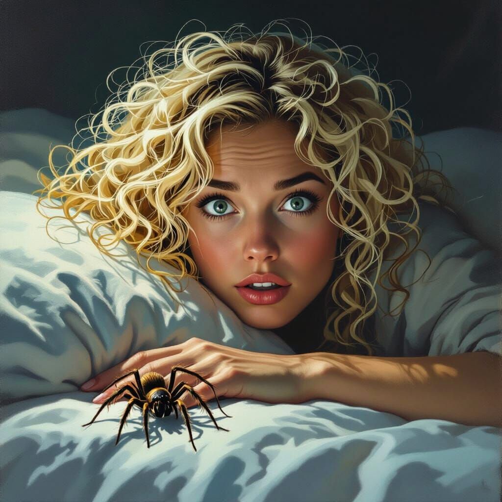 Startled Woman with Spider, Ominous Atmospheric Style