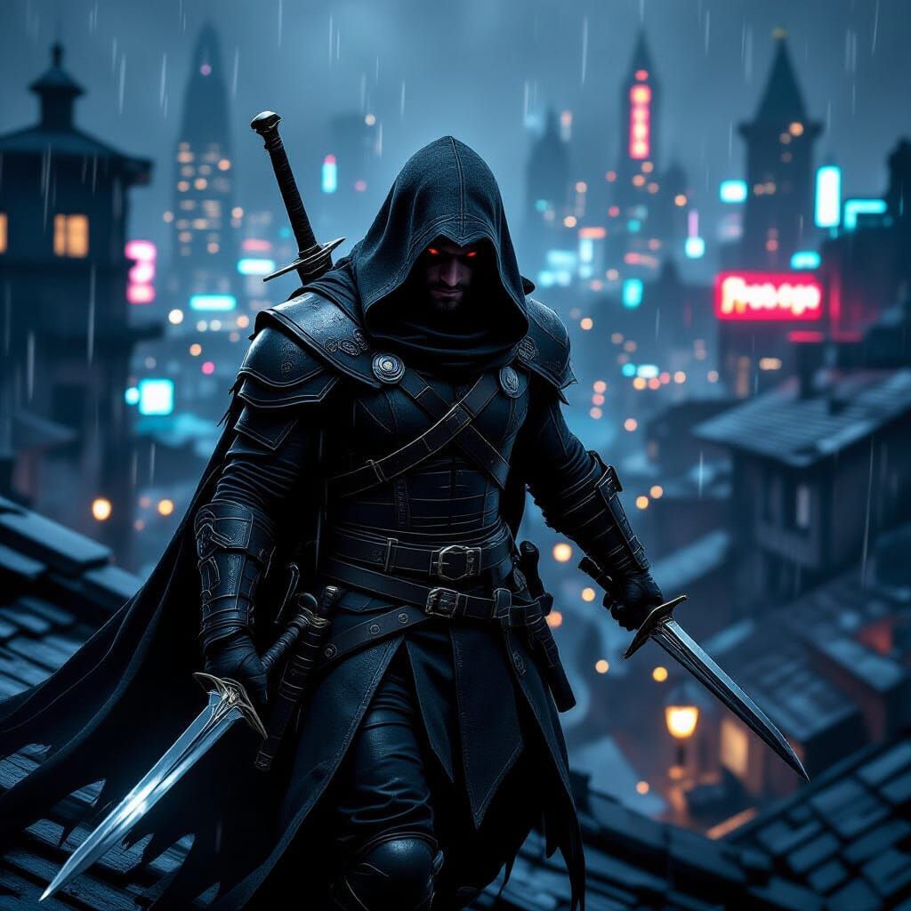 Cyberpunk Rogue Navigates Neon City Rooftops
