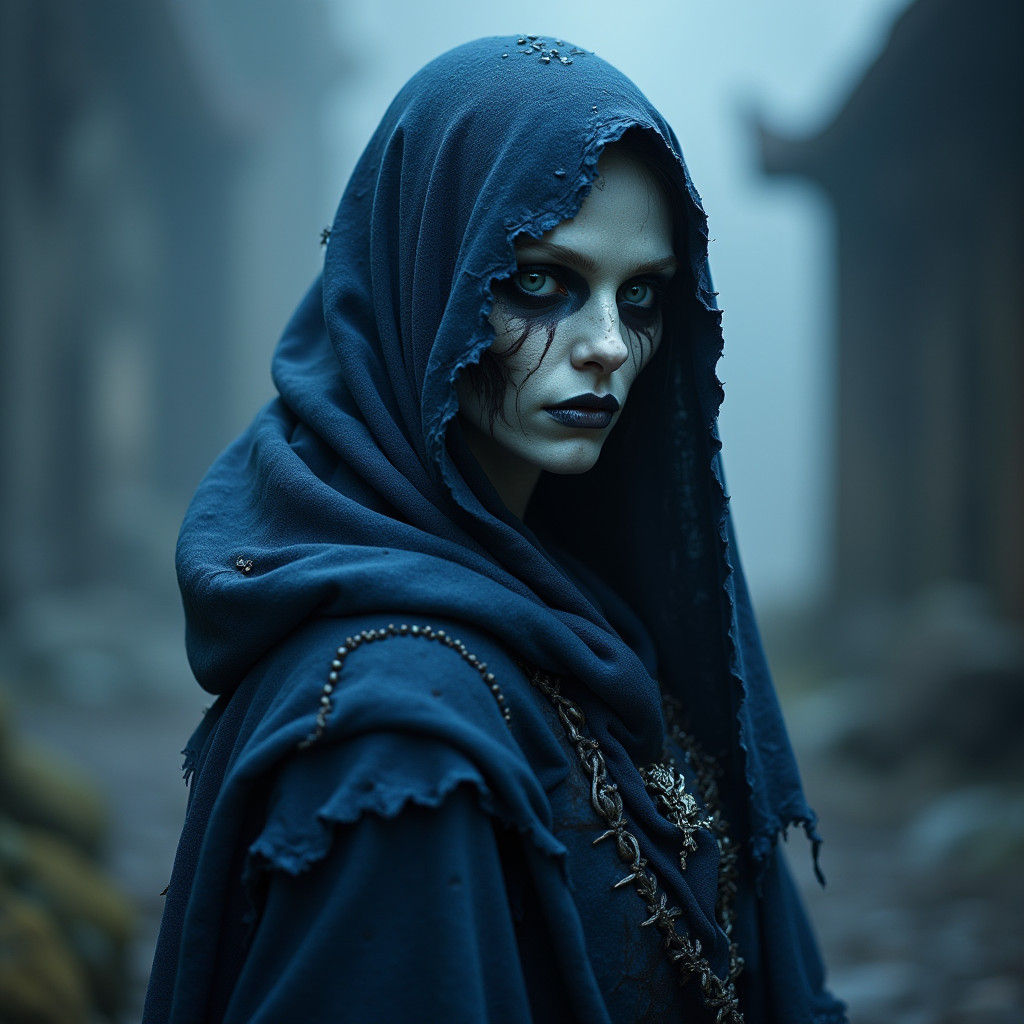 Enchanting Undead Priestess in Dark Surrealist Style