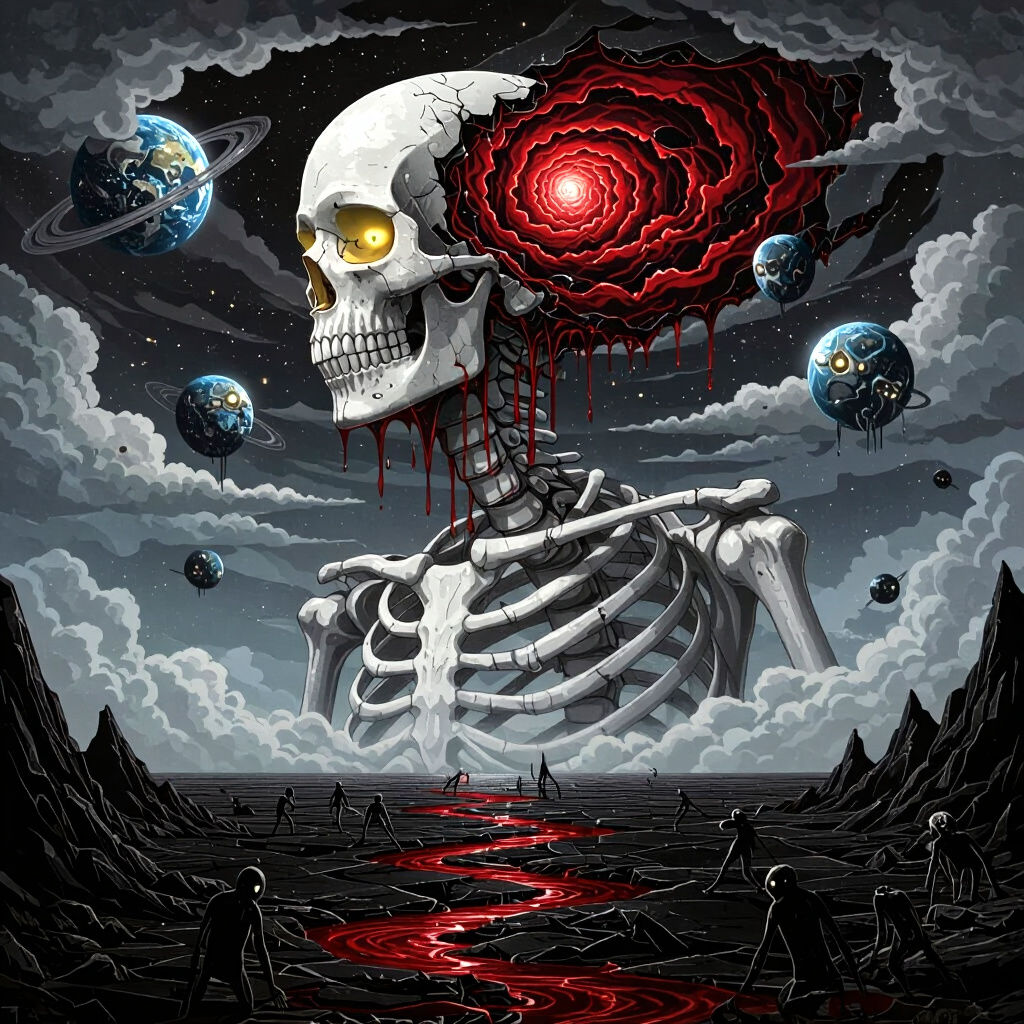 Titanic Skeletal Deity over Black Glass Ocean in Anime Style