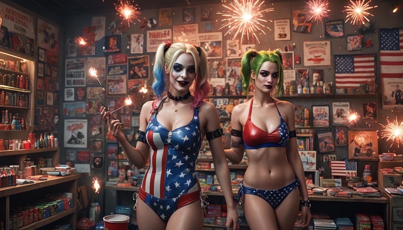 Harley Quinn in Fireworks Store, Photorealistic Digital Art