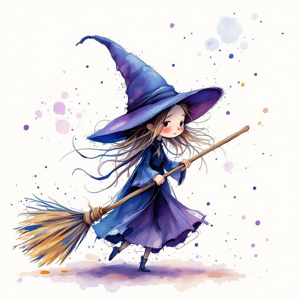 Whimsical Watercolor Witch Painting with Flowing Lines