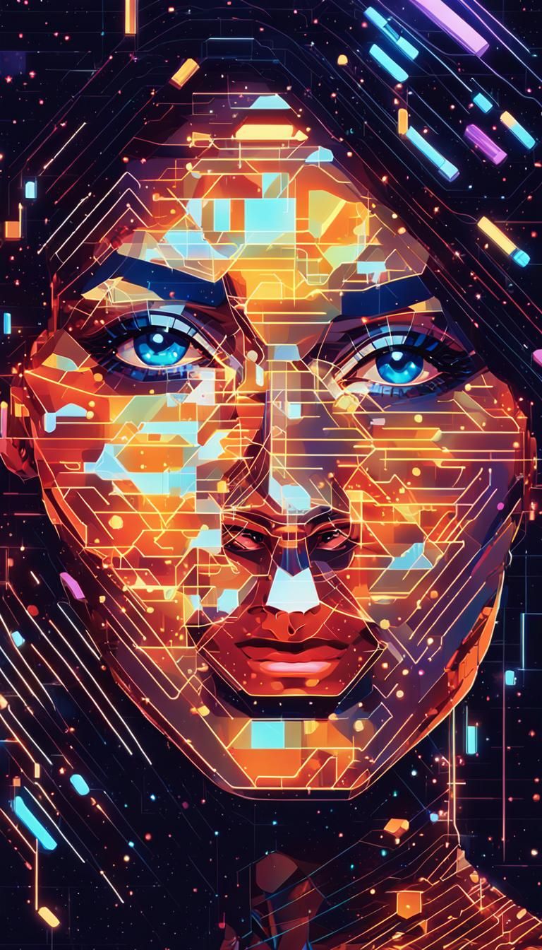 glass female face complet in very large pixel, pixel art, pi...