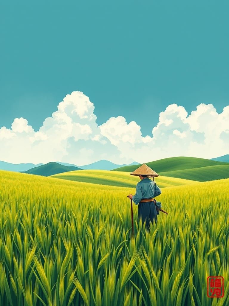 Chinese Farmers in Wheat Field, Ink Wash Painting