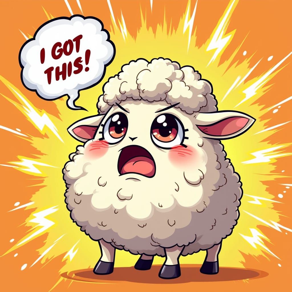 Nervous Lamb with Anime Eyes Tries to Be Brave