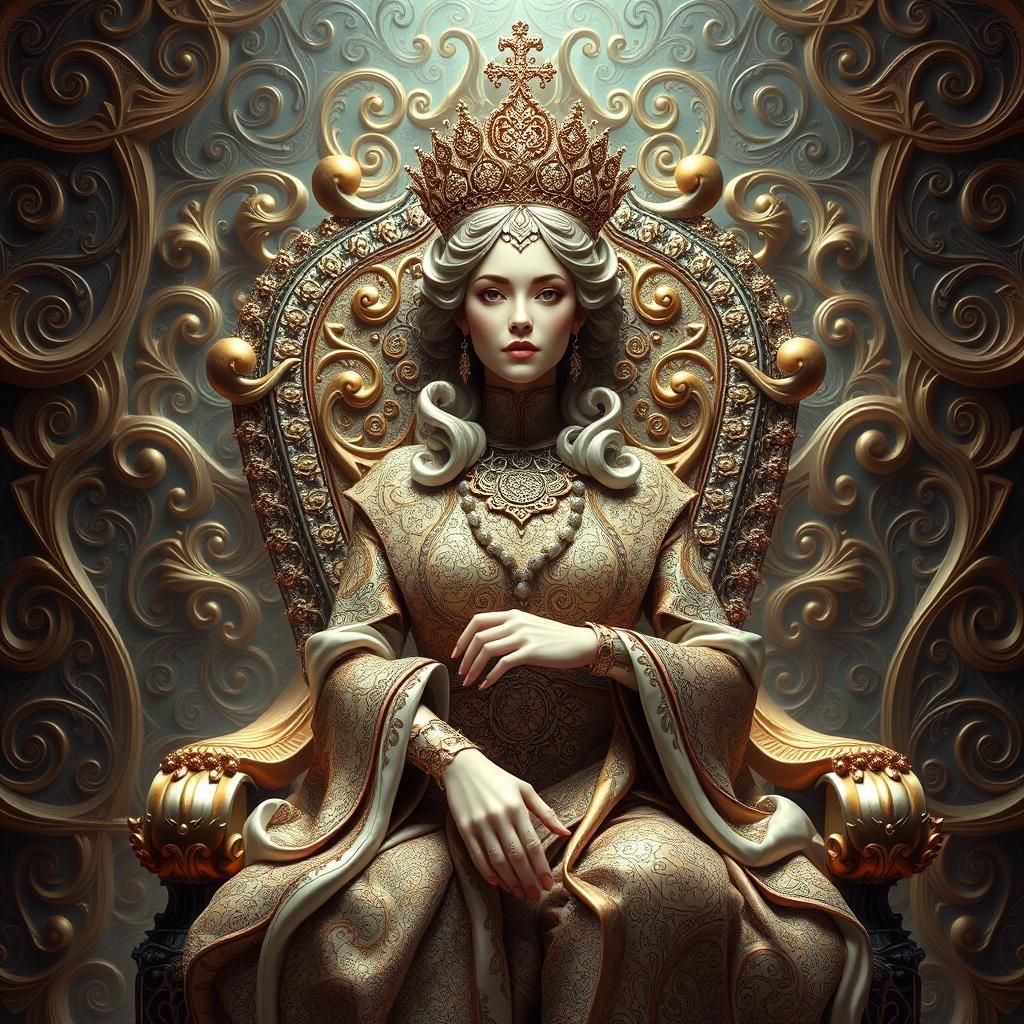 Regal Woman on Throne in Fractal Zentangle Style