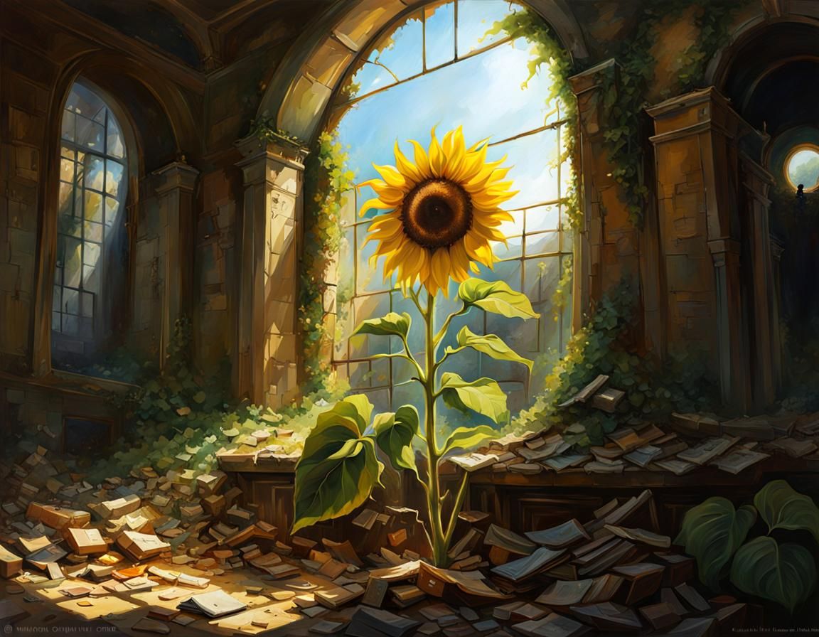 Sunflower in Ruins: Ghibli-Inspired Illustration